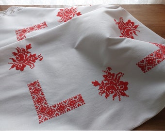 Vintage hand embroidered white red linen - cotton square tablecloth, Cross stitch embroidered tablecloth, Scandinavian vintage design (T8)