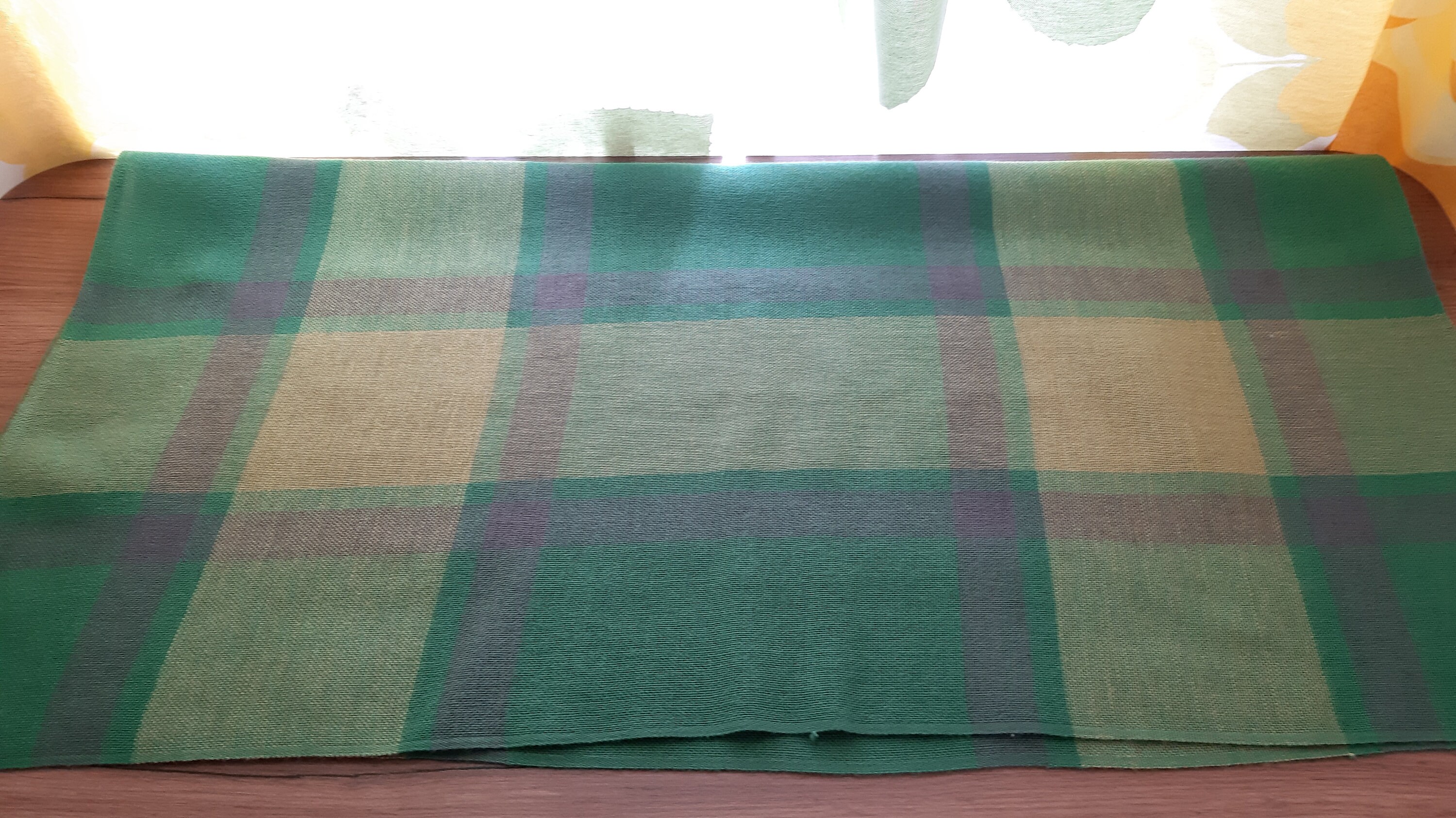Vintage Woven Green Yellow Brown Synthetic Wool Tablecloth , Itchen