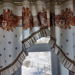 Cortina de cenefa de poliéster fino con estampado floral vintage, cortina de café de cocina retro, cenefa vintage, Calentamiento de cocina (T1)