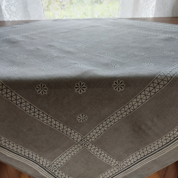 Vintage gray printed linen square tablecloth , vintage printed Scandinavian table cloth, Gray tea coffee table tablecloth, table cloth (T5)