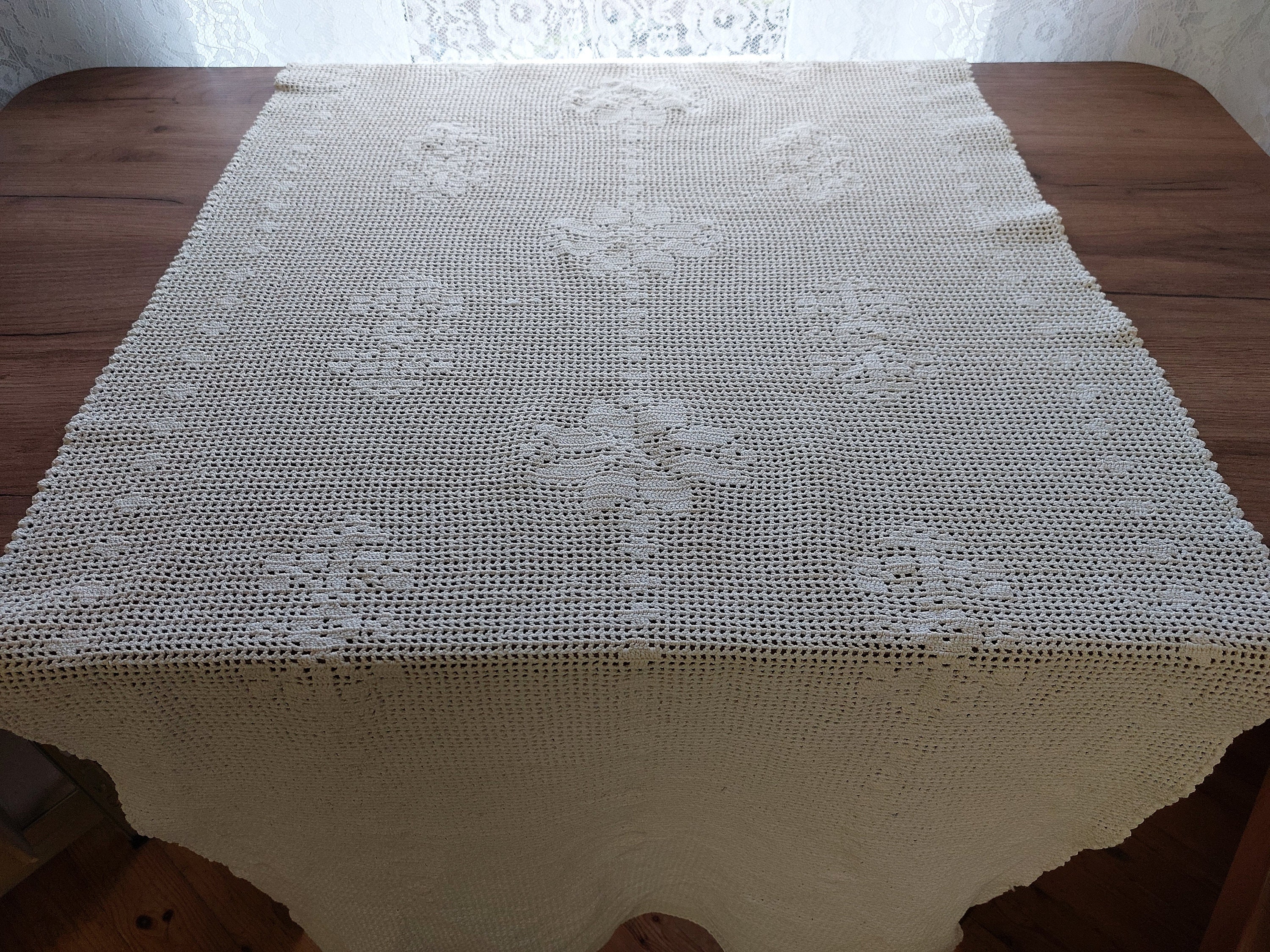 vintage linen crochet nappe rectangulaire - chemin de table, surmatelas, chrochet , textile scandinave vintage | t4