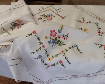 Scandinavian Vintage hand embroidered floral tablecloth , retro table cover, vintage table cover, kitchen tablecloth (T3)