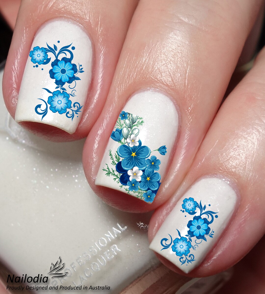 Watercolor Blue Flower Nail Art Decal Sticker