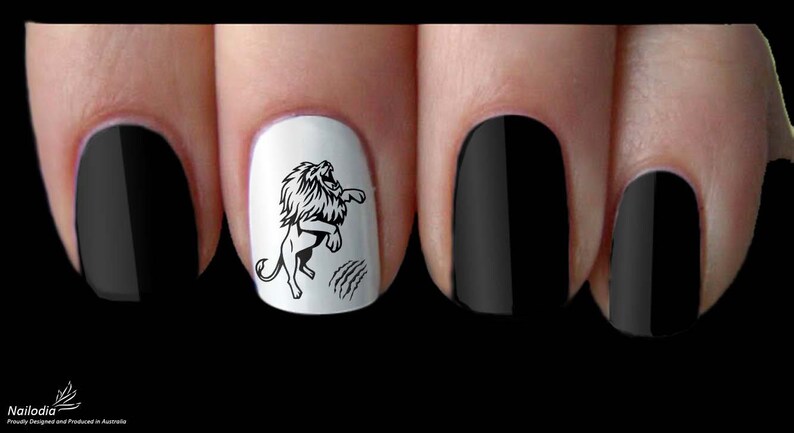 May include: Black and white nail art decals featuring a roaring lion with claw marks. The decals are shown on a set of fingernails, with one fingernail painted white and the rest painted black.