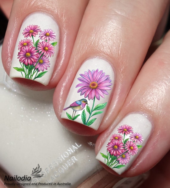 Autocollants Nail Art - Fleurs Roses, Bleues Et Blanches - Décoration Ongles - Neuf