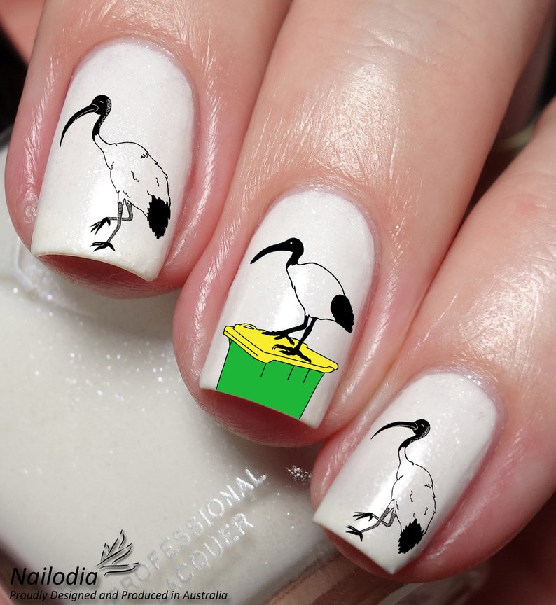 May include: White nail polish with black and white drawings of an Australian Ibis bird on three fingernails. One fingernail has a drawing of the bird standing on a green and yellow trash can.