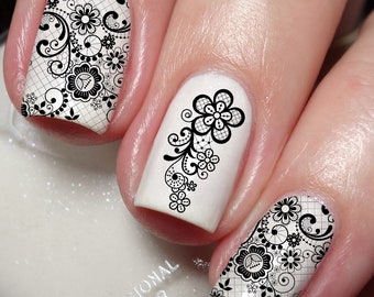 Black Lace Floral Flower Nail Art Decal Sticker