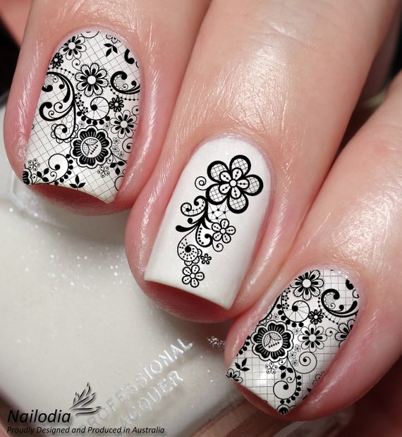 Black Lace Floral Flower Nail Art Decal Sticker Etsy UK