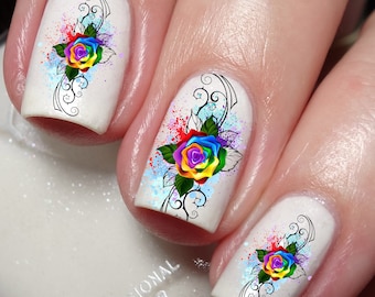 Rainbow Rose Flower Nail Art Decal Sticker