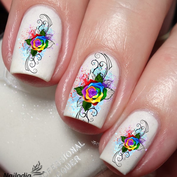 Rainbow Rose Flower Nail Art Decal Sticker