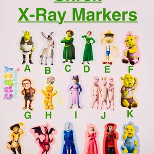 Shrek and donkey student X-ray Markers, lead X-ray markers, rad tech, imaging markers, rad tech gifts,fun Xray markers, cartoon marker, gift