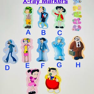 May include: Colorful El Chavo X-ray markers featuring cartoon characters. The markers include various characters in different outfits, with letters A through J. The image has a white background.