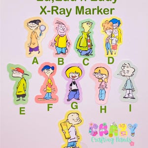 May include: A set of ten Ed, Edd n Eddy cartoon character stickers. The stickers are printed on white paper with a clear adhesive backing. The characters are depicted in various poses and expressions. The stickers are labeled with letters A through J.