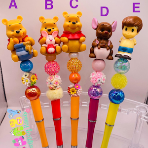 Pooh and Friends Beaded pens with figurine topper, pen topper pens, chartoon pens, cool pens, unique pens, beaded pens, pen with top, pens
