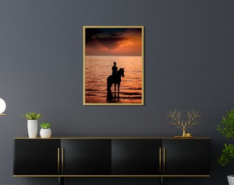 Sonnenuntergang druckbare Wandkunst, Poster, Pferd, digitale Kunst, Himmel Landschaft, Download JPG