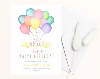 May include: A colorful birthday invitation with a banner that says "Jessica's Fourth Happy Birthday". The banner is decorated with a cluster of pastel balloons.