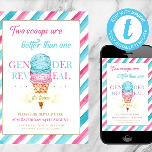 Ice cream gender reveal invitation, twin gender reveal invite, What&#39;s the scoop, Editable digital invitation template, printable invite