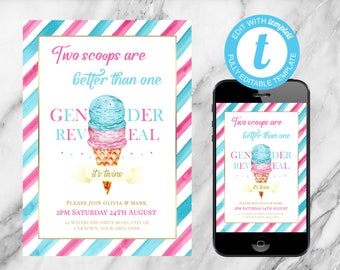 Ice Cream Gender Reveal Invitation: Twin Baby Shower (Digital Template)