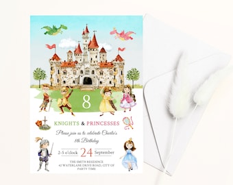 May include: A colorful invitation for a child's 8th birthday party. The invitation features a cartoon castle, knights, princesses, and dragons. The text reads "Knights & Princesses" and "Please join us to celebrate Charlie's 8th Birthday". The date and time of the party are also included.