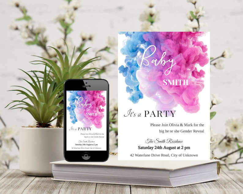 Smoke Gender Reveal Invitation Blue Pink Smoke Baby Gender Etsy