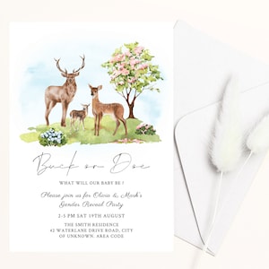 Buck oder Doe Deer Gender Reveal Invite, Florales Frühlings- und Sommerthema, bearbeitbare digitale Einladungsvorlage
