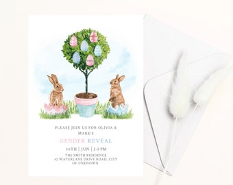 Invitación para revelar el género del conejo de Pascua: Conejos de primavera (Descarga digital)