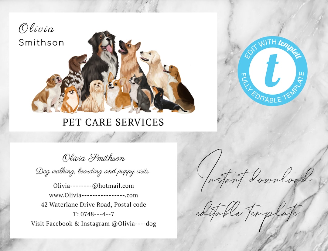 Editable Animal Business Card Template Dog Walker, Doggy Day Care, Pet