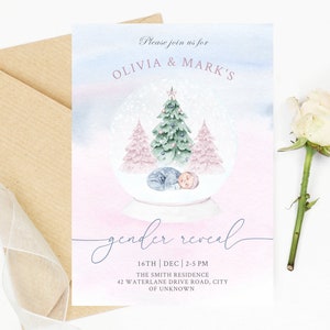 Schneekugel Weihnachten Geschlecht offenbaren Einladung, Aquarell blau und rosa Winter Baby Geschlecht offenbaren einladen, digital bearbeitbare Vorlage