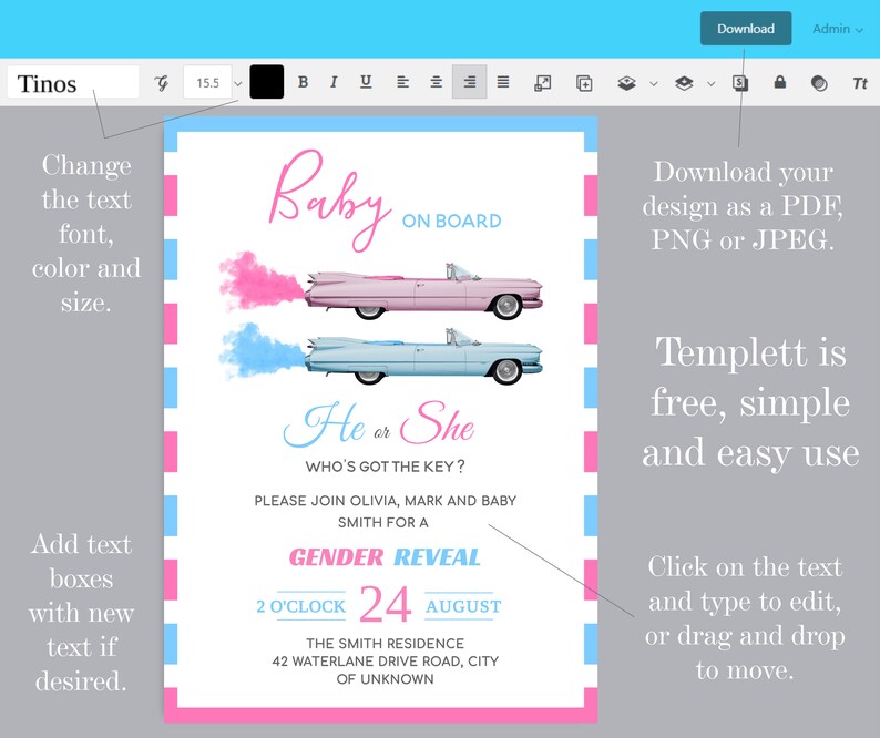 Car Gender Reveal Invitation, Baby Reveal Invite, Smoke Burnout Gender