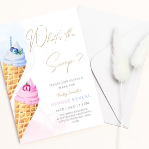 Ice cream Gender Reveal Invitation, What&#39;s the scoop Baby reveal, Editable digital invite template