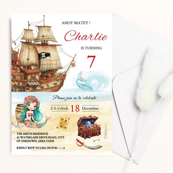 Pirates and Mermaids Invitation, Pirate Ship Kids Birthday party invite, Editable digital invite template, Print or Text