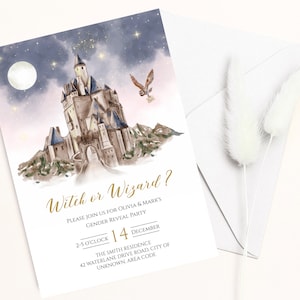 Witch or Wizard Gender Reveal Invitation, Magic School Castle Invite, Digital Editable Template, Print or Text