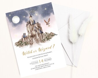 Invitación para revelar el género de la escuela de magia: Castillo de bruja o mago (plantilla digital editable)