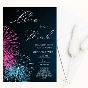 May include: A gender reveal invitation with the words "Blue or Pink" in elegant script. The invitation features pink and blue fireworks against a dark blue background. A white envelope and decorative white accents are in the image.
