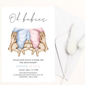 Invitation Twin Gender Reveal, vêtements de culture pour bébé, invitation à une fête Gender Reveal, modèle d'invitation numérique, partage électronique ou impression