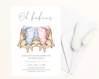 Watercolor Twin Gender Reveal Invitation: Baby Clothes Design (Digital)