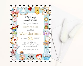 Alice in wonderland Birthday Party Invitation Template, Kid Birthday Invite, Onederland 1st First Birthday, Tea Party, Digital Invitation