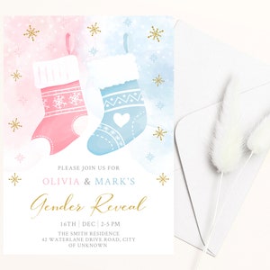 Weihnachten Gender Reveal Einladung, Winter Gender Reveal Party, Urlaub festliche Strumpf einladen, Digital oder Print selbst bearbeitbare Vorlage
