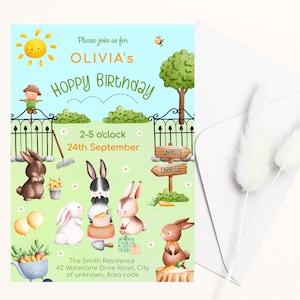 Rabbit Birthday invitation, Cute Bunny Kid's Birthday Party Invite, Girl's Birthday invitation template, Edit then Print or Text