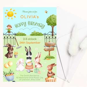 Cute Bunny Rabbit Birthday Invitation, Editable 5x7 Invitation Template, Rabbit Kid&#39;s Party Invite, Print or Text, Instant Digital Download
