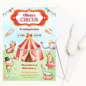 Circus Animal Kids Birthday Party Invitation, Carnival Theme, Editable invitation template, Instant Digital Download