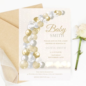 Ballon-Babypartyeinladung, Gender Neutral-Babyparty-Digital einladen Vorlage, Gold und Silber-Ballons druckbare elektronische Einladung