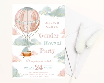 Hot Air Balloon Gender Reveal Invitation, Digital editable invite template, Print or Mobile Text