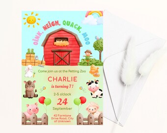 Farm Animal Birthday Invitation: Petting Zoo Barnyard Theme (Digital Download)