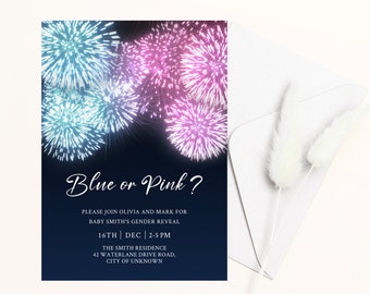 Firework Gender Reveal Invitation, Blue and Pink Firecracker Invite, Digital Editable Template, Print or Text