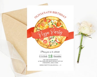 May include: A white invitation card with a watercolor illustration of a pizza, a red ribbon with the words "Pizza Party", and text that reads "Olivia's 6th Birthday". A brown envelope and a white rose are in the background.