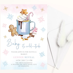 Christmas Gender Reveal invitation, Baby it's cold outside, Snowflake Winter Gender Reveal invite, Digital editable invitation template