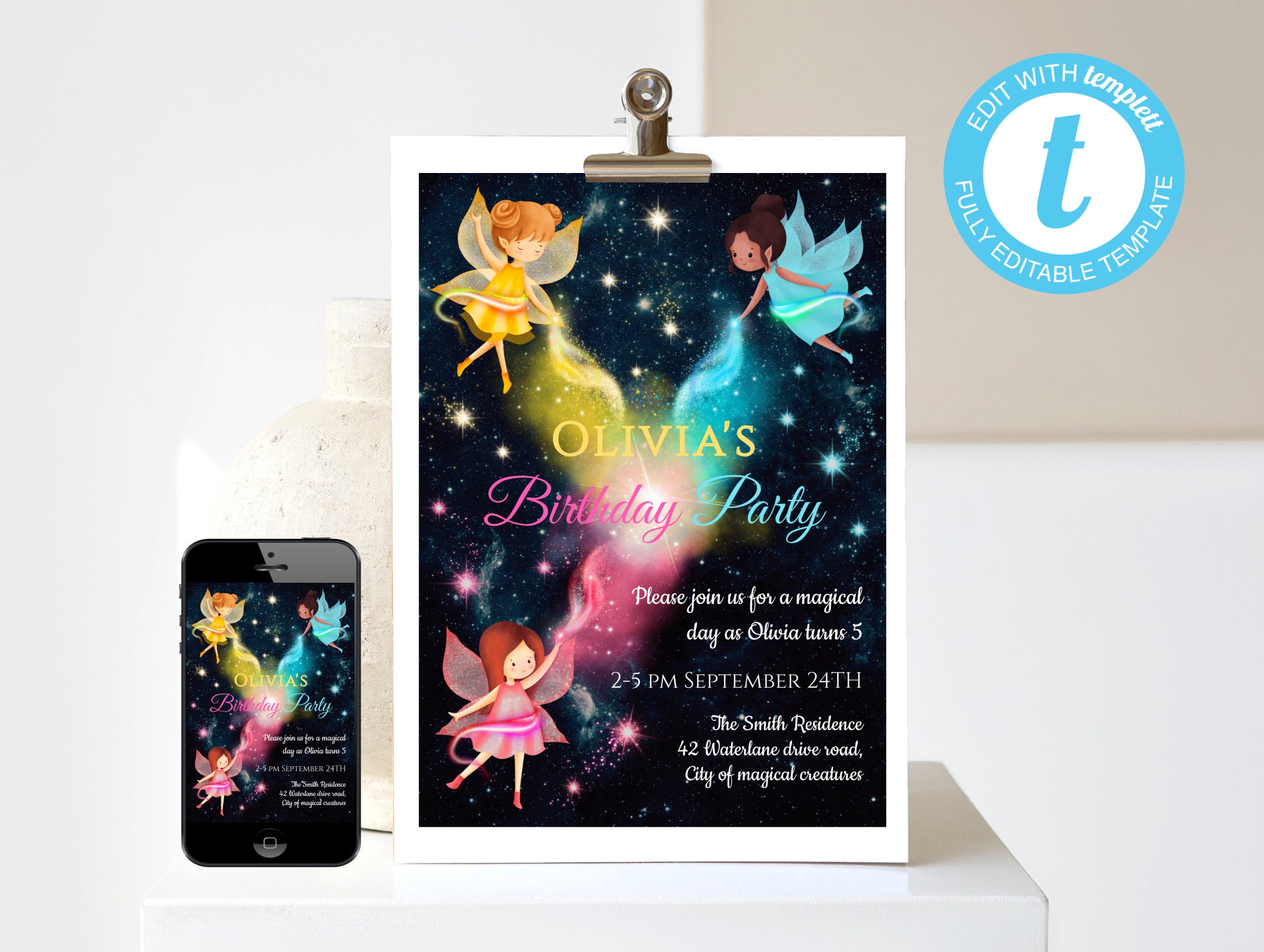 Magical Fairy Kid Birthday Invitation Template, Rainbow Magic Glitter ...