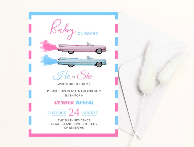 Car Gender Reveal Invitation, Baby Reveal Invite, Smoke Burnout Gender