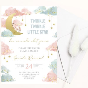 Twinkle twinkle little star Gender Reveal invitation, Blue and Pink clouds moon and stars, Digital invite to text or print